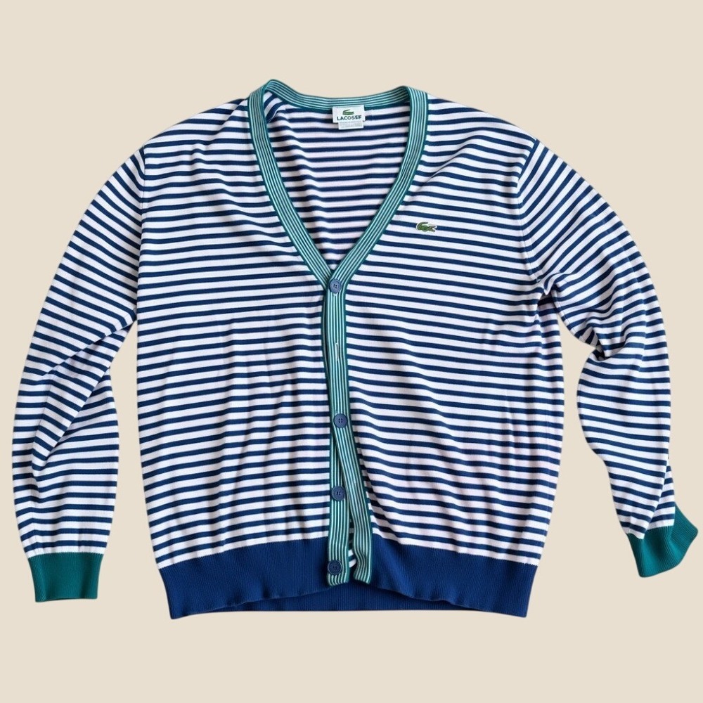 Vtg Lacoste Mens Striped Cotton Cardigan Sweater Navy Blue White Green Size 7 XL
